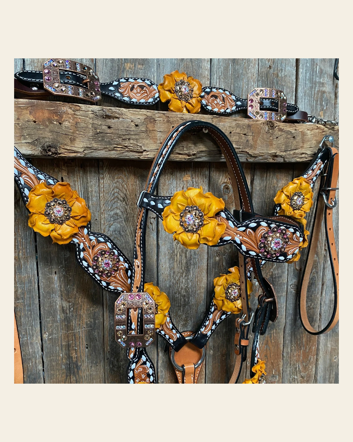 Classic Yellow and Pink Browband/One Ear Tack Set with Wither Strap #BBBC464 on a warm cream background