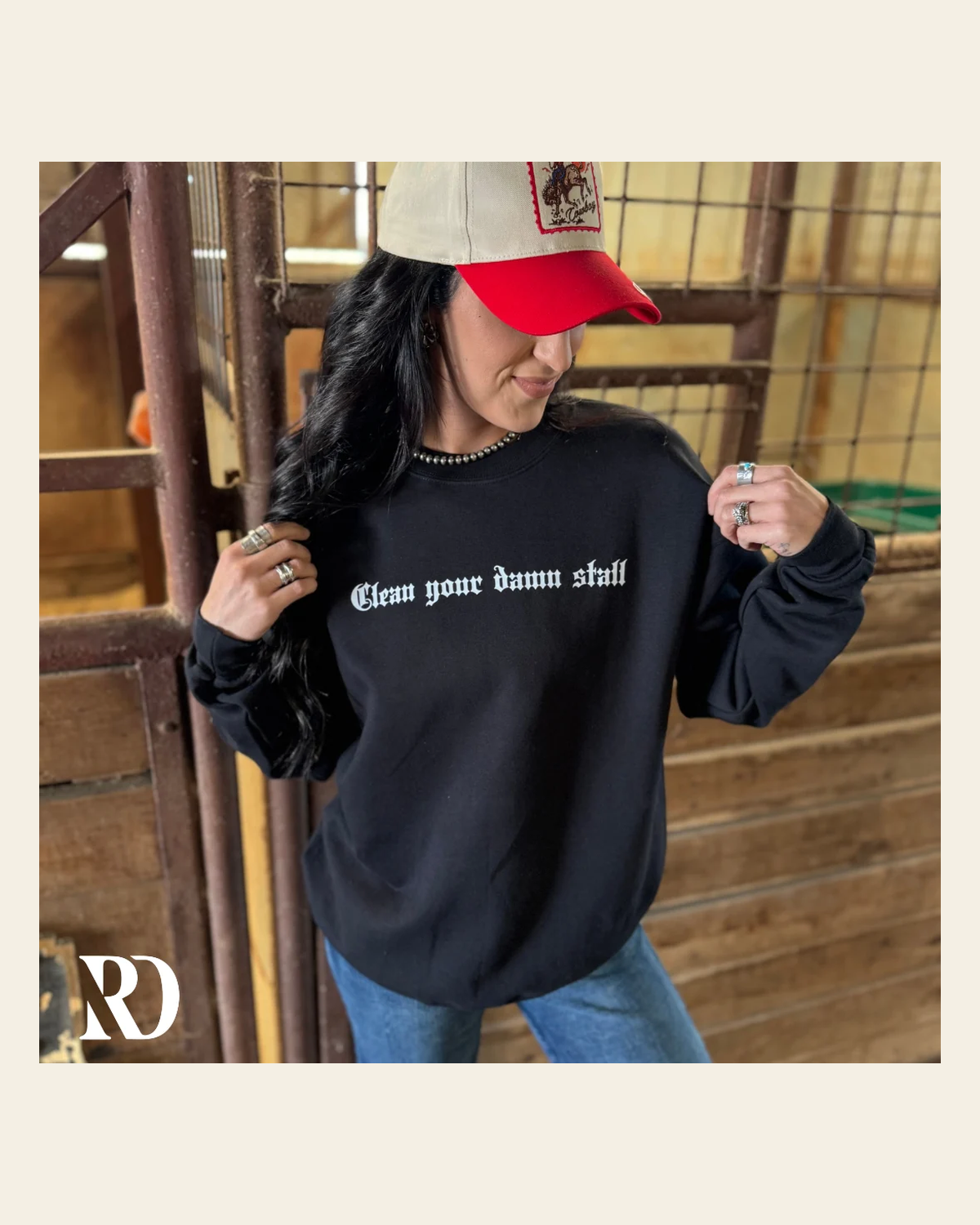 Clean Your Damn Stall | Crewneck on a warm cream background
