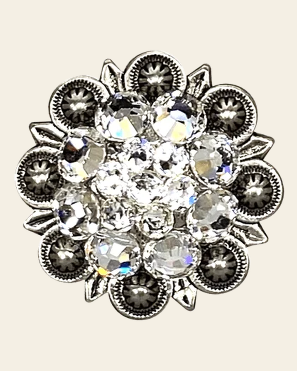 Clear Antique Silver 1.25" European Crystal Concho on a warm cream background