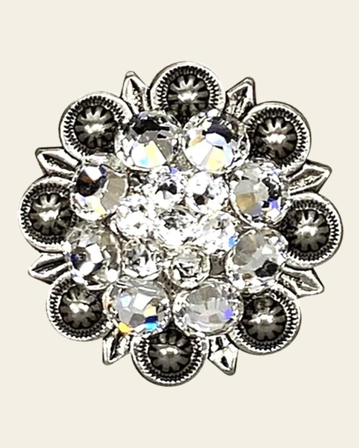 Clear Antique Silver 1.25" European Crystal Concho on a warm cream background