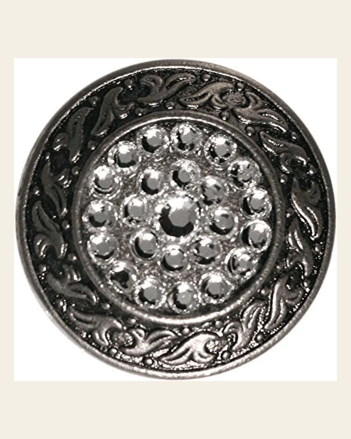 Clear Antique Silver 1.5" Disc European Crystal Concho on a warm cream background