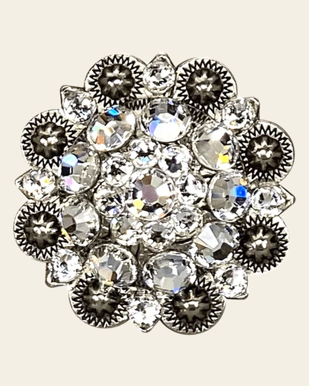 Clear Antique Silver 1.5" European Crystal Concho on a warm cream background