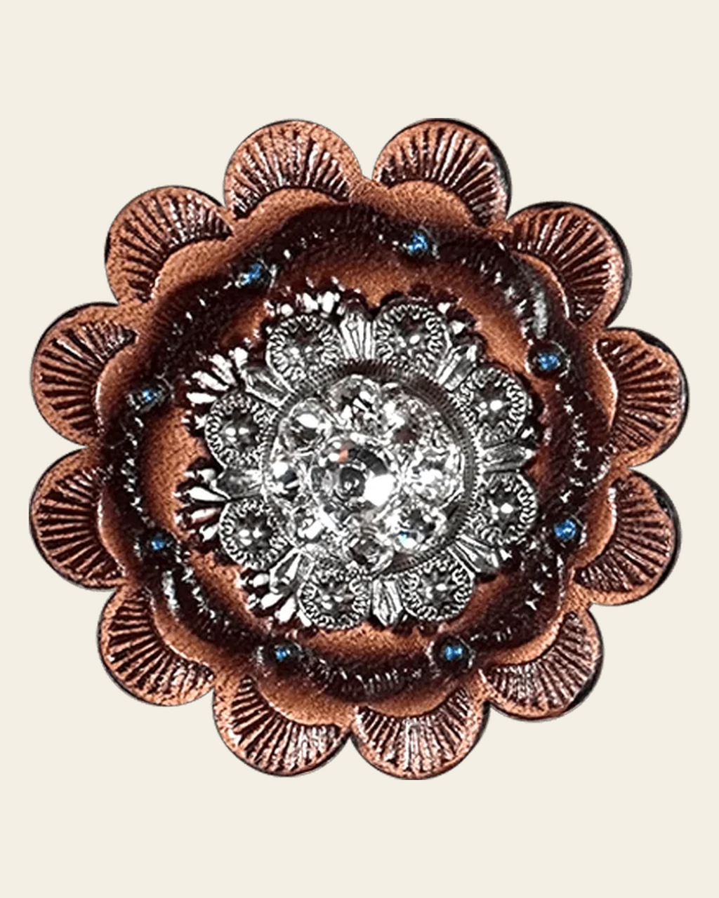 Clear Antique Silver 1" European Crystal Concho and Leather Rosette on a warm cream background