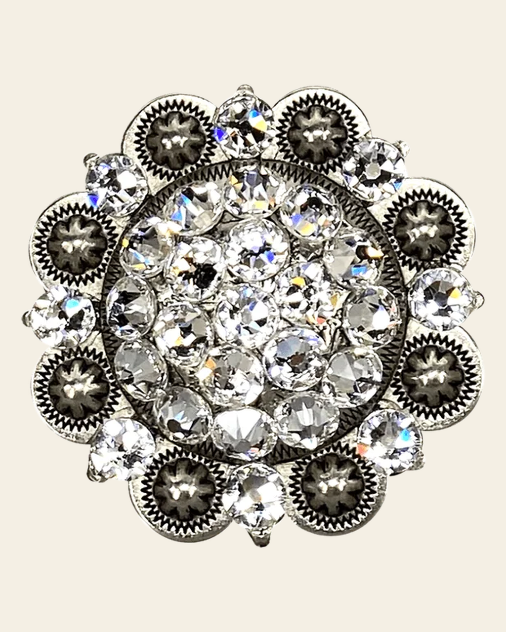 Clear Antique Silver 2" European Crystal Concho on a warm cream background