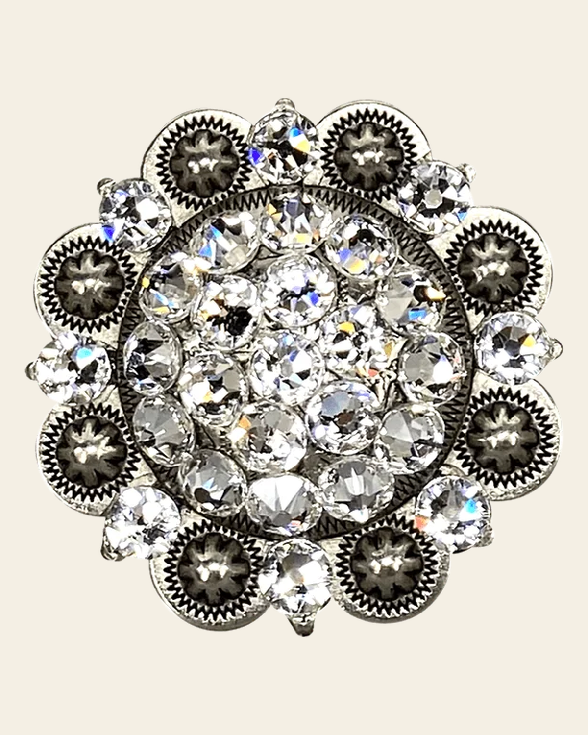 Clear Antique Silver 2" European Crystal Concho on a warm cream background