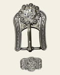 Clear Antique Silver European Crystal Buckle Keeper Set on a warm cream background
