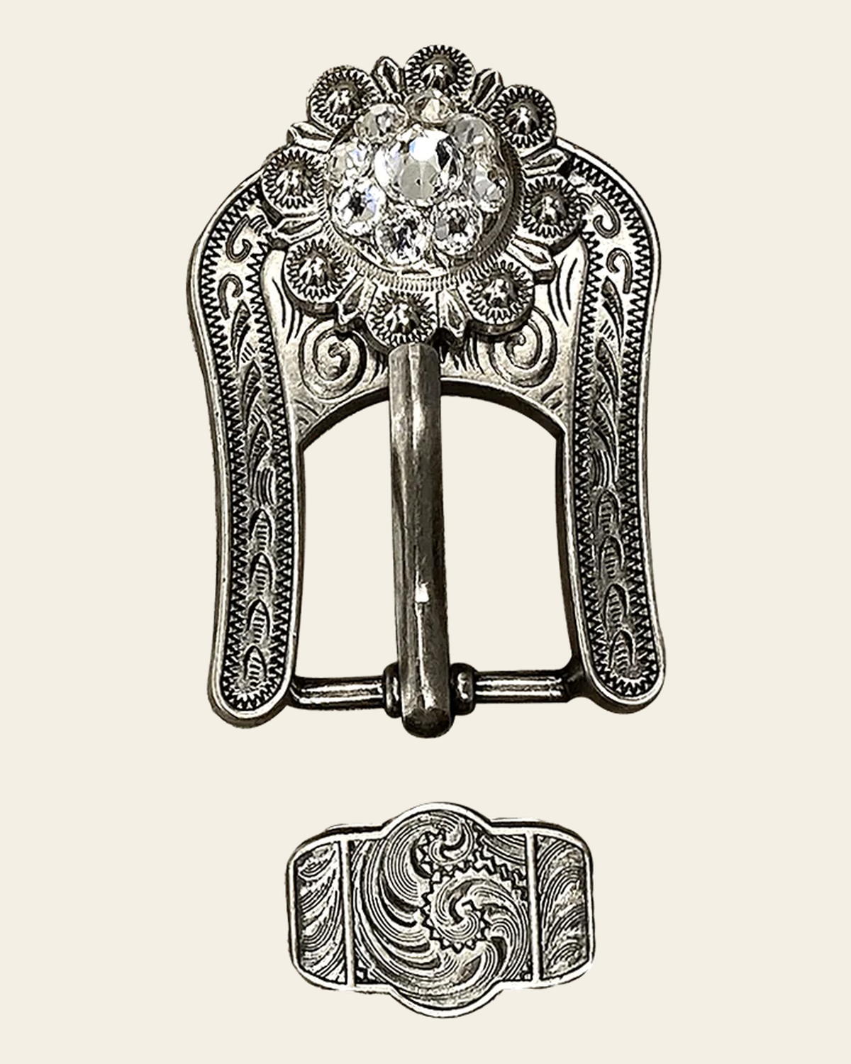 Clear Antique Silver European Crystal Buckle Keeper Set on a warm cream background