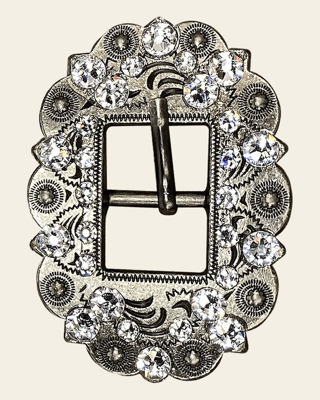 Clear Antique Silver European Crystal Cart Buckle on a warm cream background