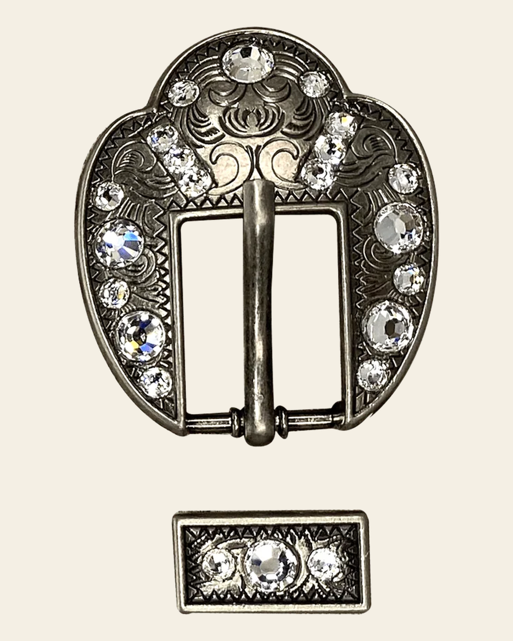 Clear Antique Silver European Crystal Fancy Buckle on a warm cream background
