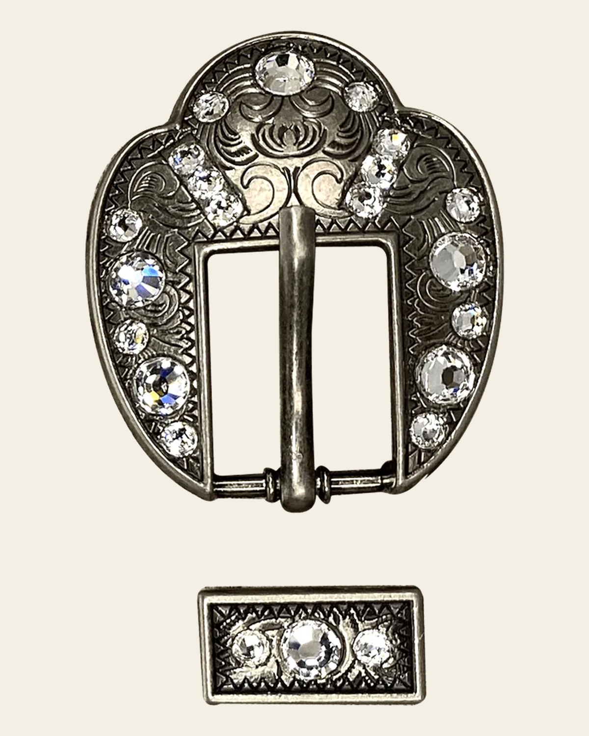 Clear Antique Silver European Crystal Fancy Buckle on a warm cream background