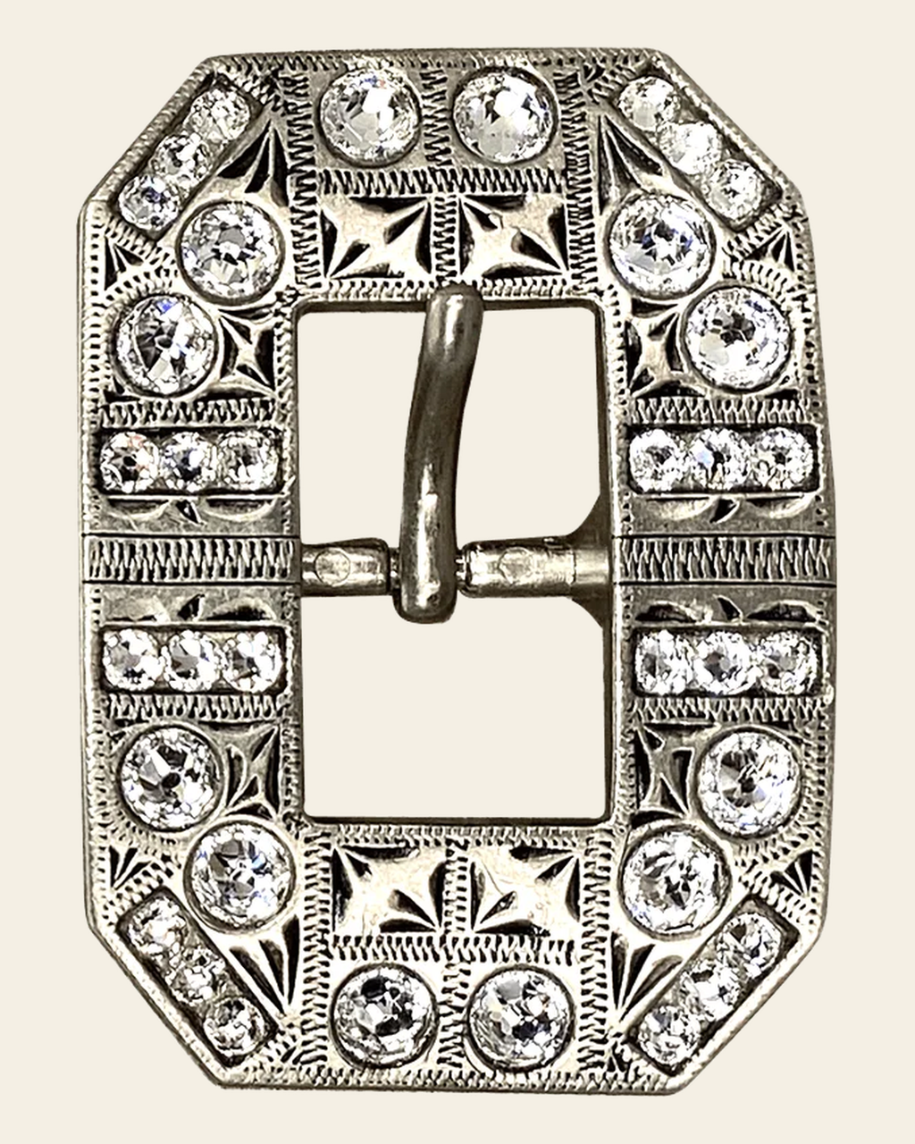 Clear Antique Silver European Crystal Square Cart Buckle on a warm cream background
