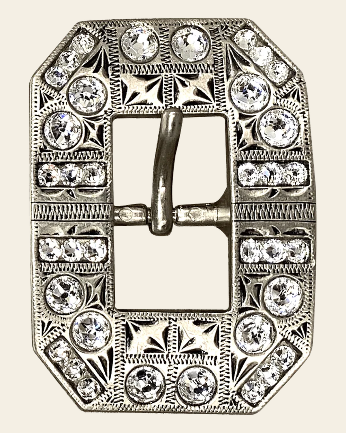 Clear Antique Silver European Crystal Square Cart Buckle on a warm cream background