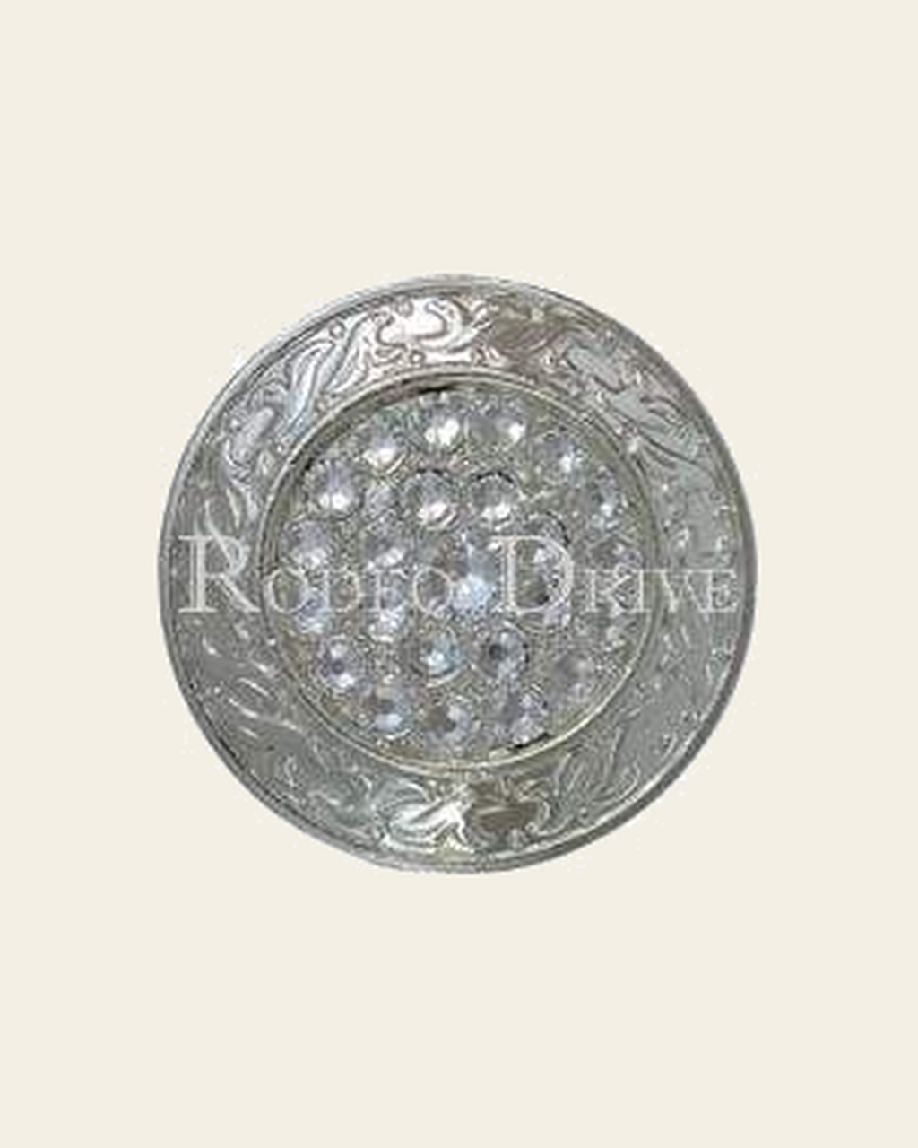 Clear Bright Silver 1.5" Disc European Crystal Concho on a warm cream background