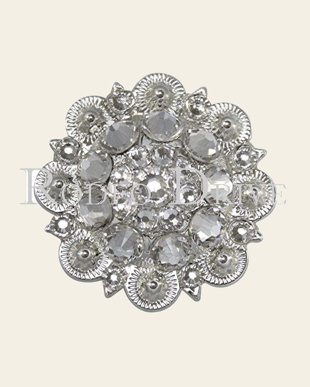 Clear Bright Silver 1.5" European Crystal Concho on a warm cream background