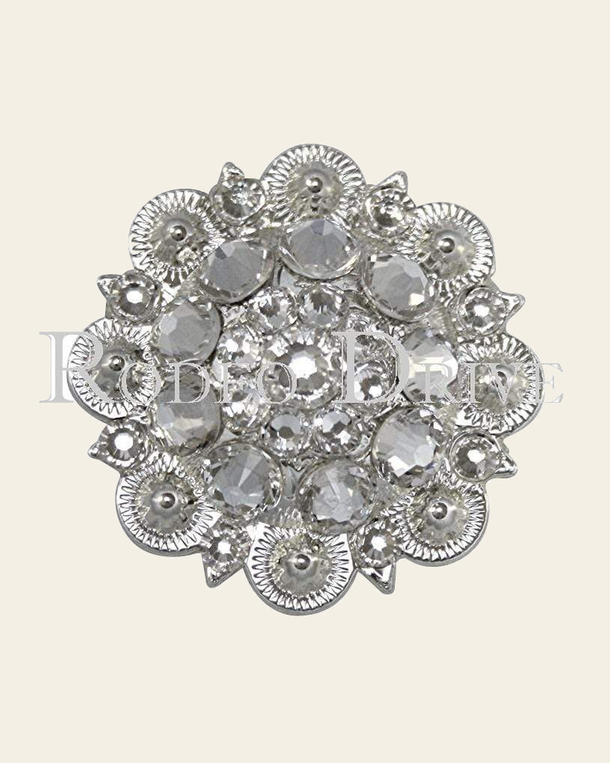 Clear Bright Silver 1.5" European Crystal Concho on a warm cream background