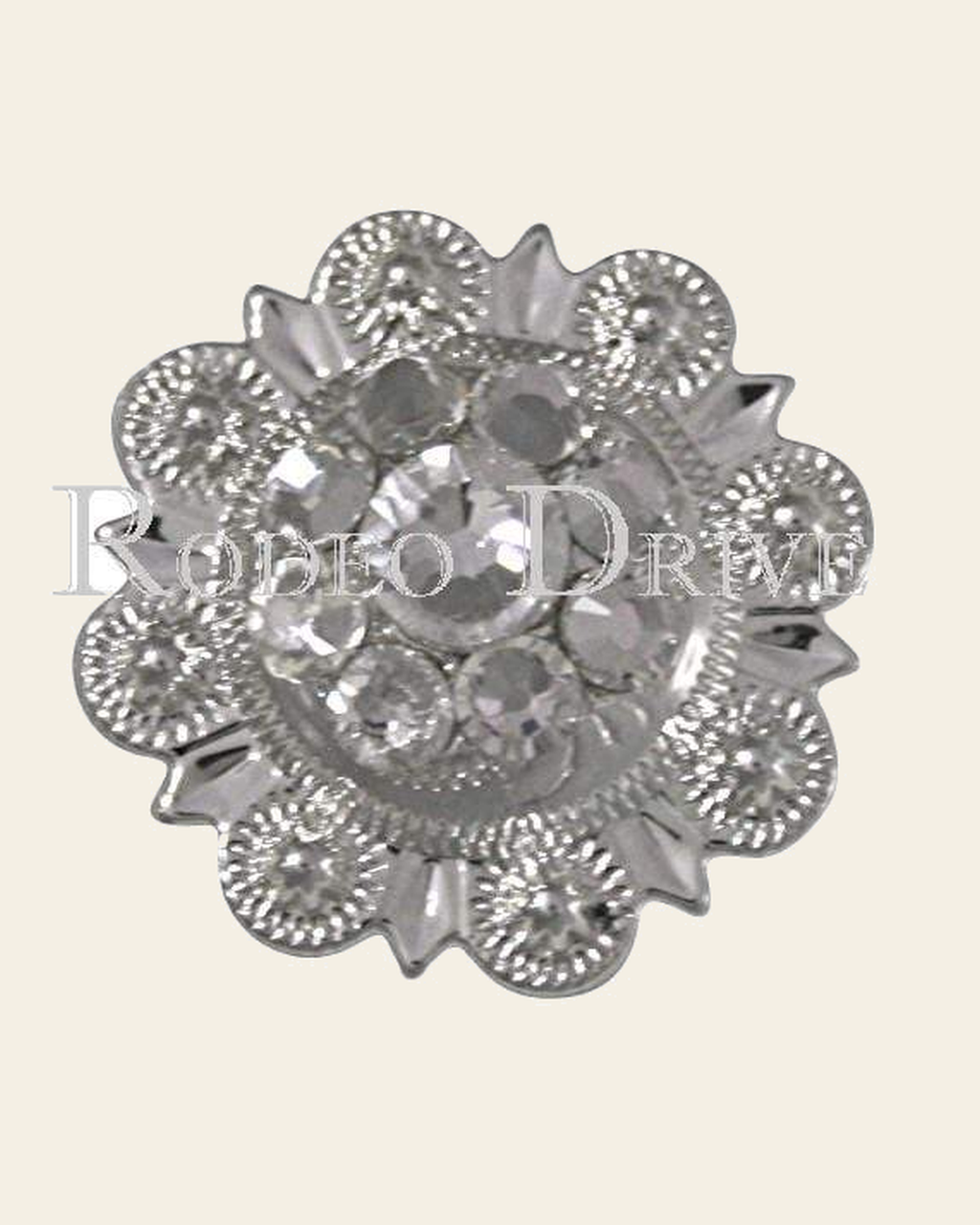 Clear Bright Silver 1" European Crystal Concho on a warm cream background