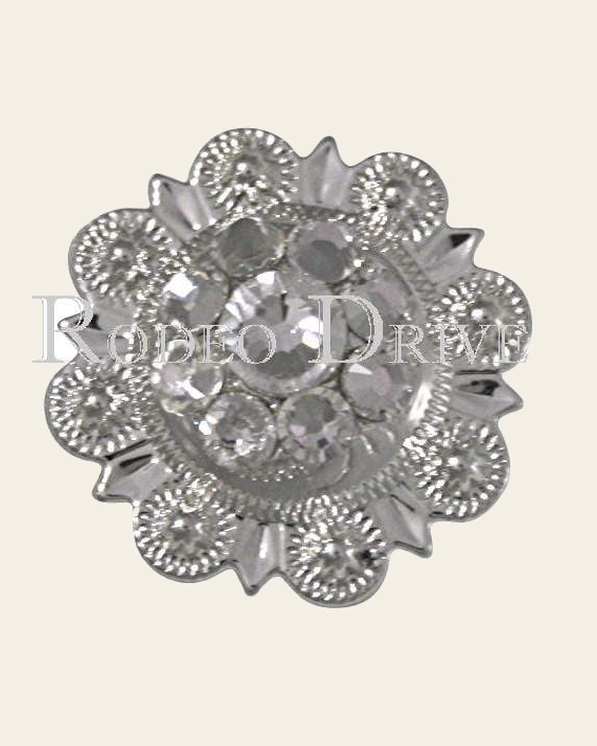 Clear Bright Silver 1" European Crystal Concho on a warm cream background
