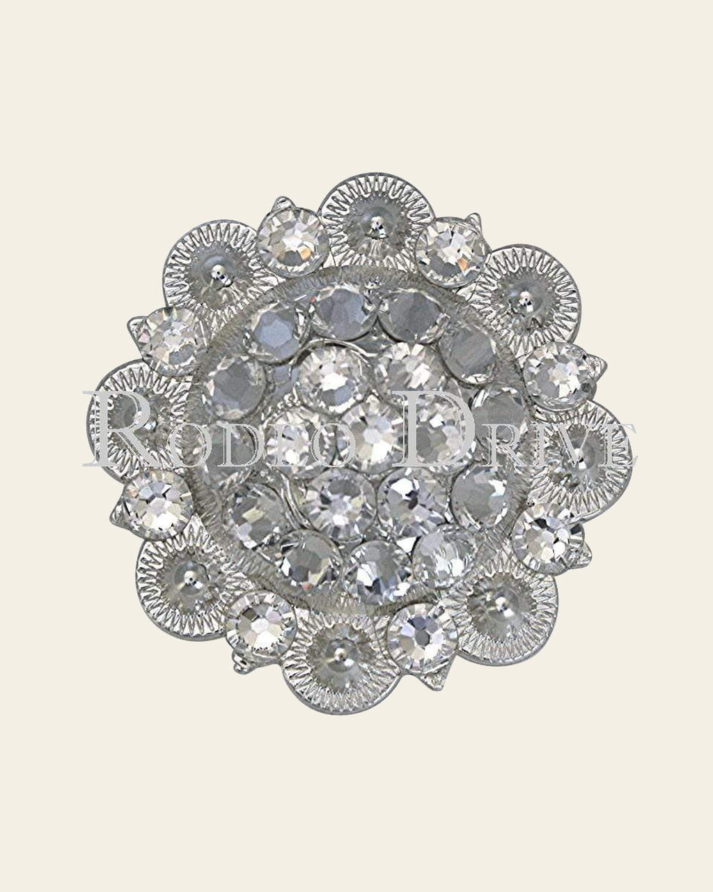 Clear Bright Silver 2" European Crystal Concho on a warm cream background