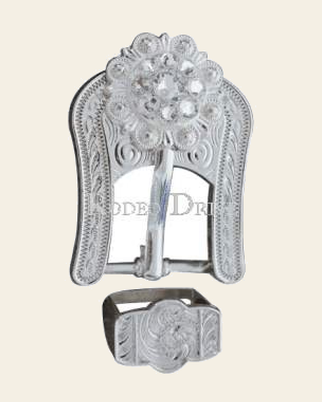 CLEAR Bright Silver European Crystal Buckle Keeper Set on a warm cream background