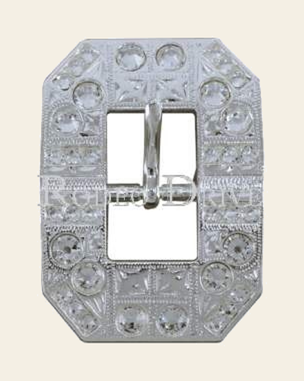 Clear Bright Silver European Crystal Square Cart Buckle on a warm cream background