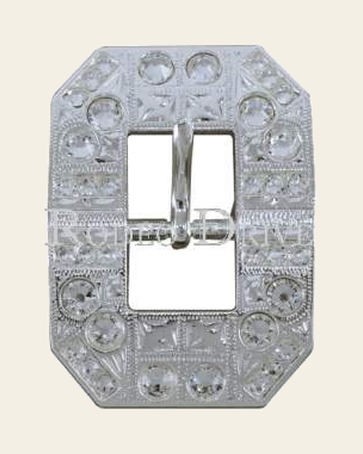 Clear Bright Silver European Crystal Square Cart Buckle on a warm cream background