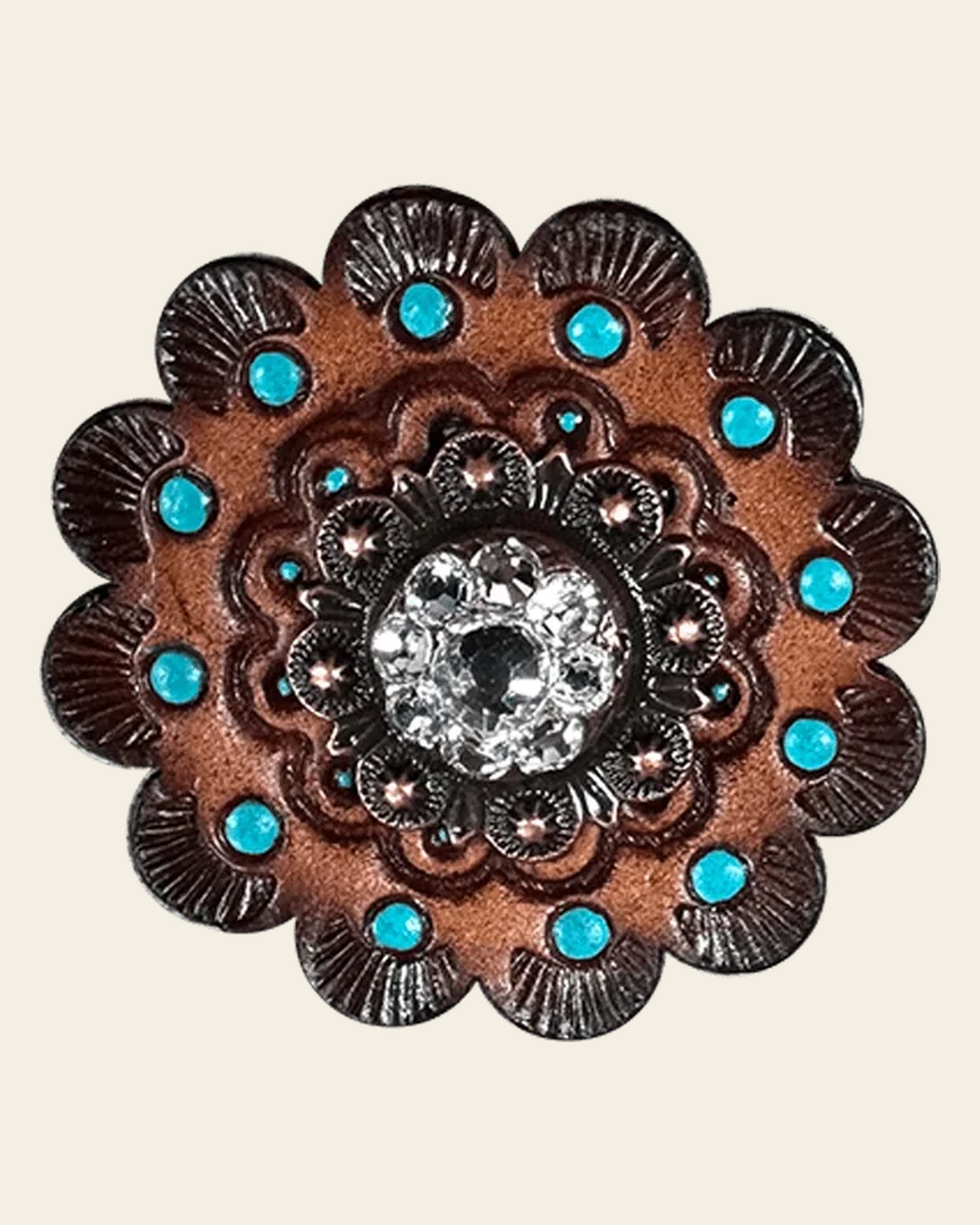 Clear Copper 1" European Crystal Concho and Leather Rosette on a warm cream background