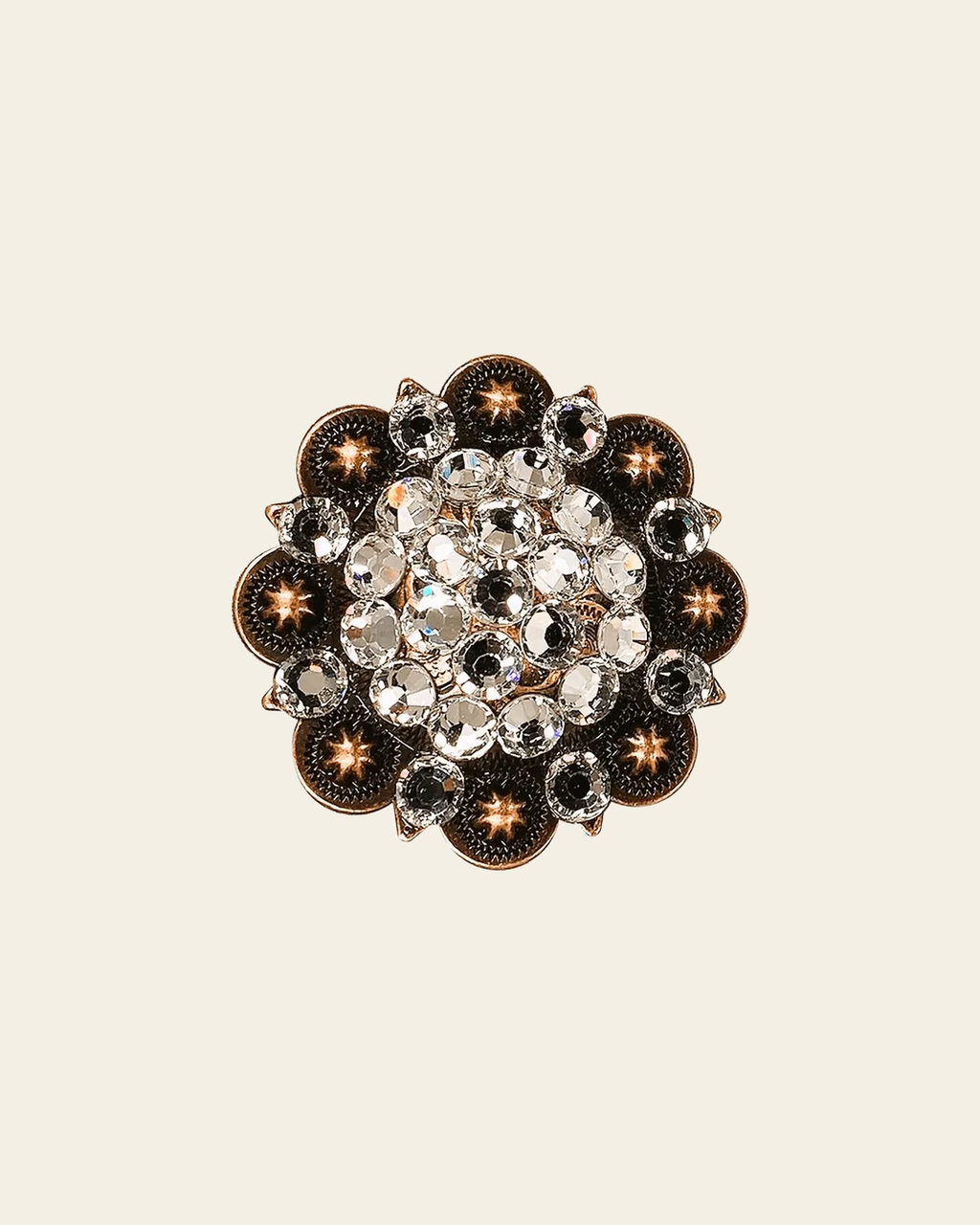 Clear Copper 2" European Crystal Concho on a warm cream background