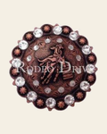 Clear Copper Barrel Racer European Crystal Concho on a warm cream background