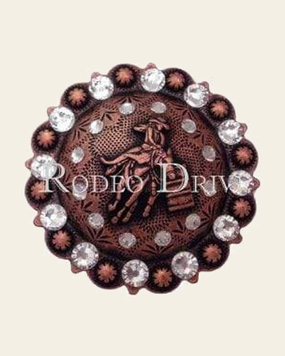 Clear Copper Barrel Racer European Crystal Concho on a warm cream background
