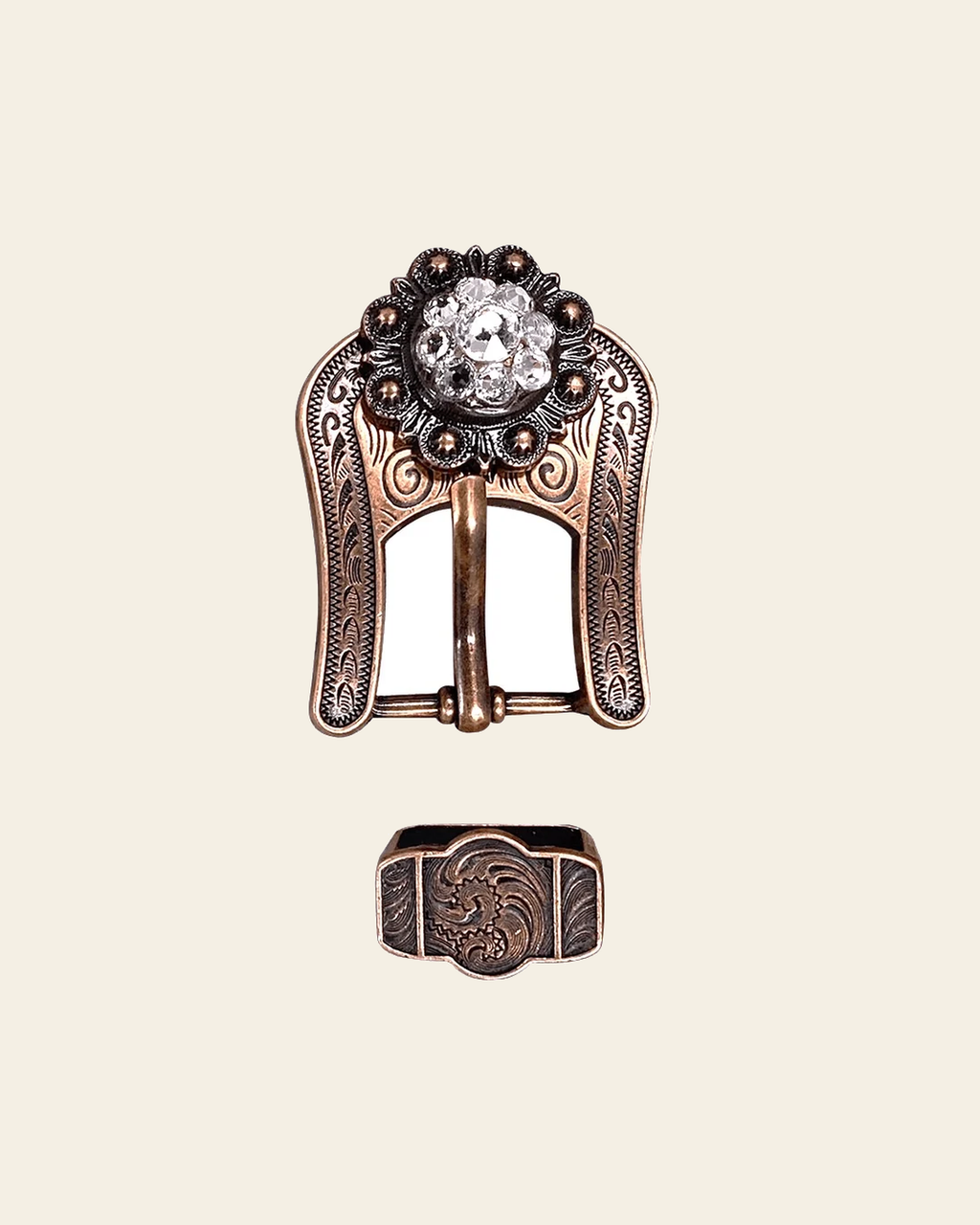 Clear Copper European Crystal Buckle Keeper Set on a warm cream background