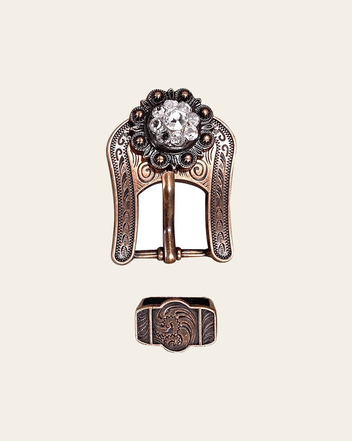 Clear Copper European Crystal Buckle Keeper Set on a warm cream background
