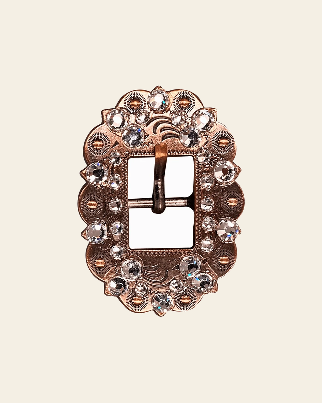 Clear Copper European Crystal Cart Buckle on a warm cream background