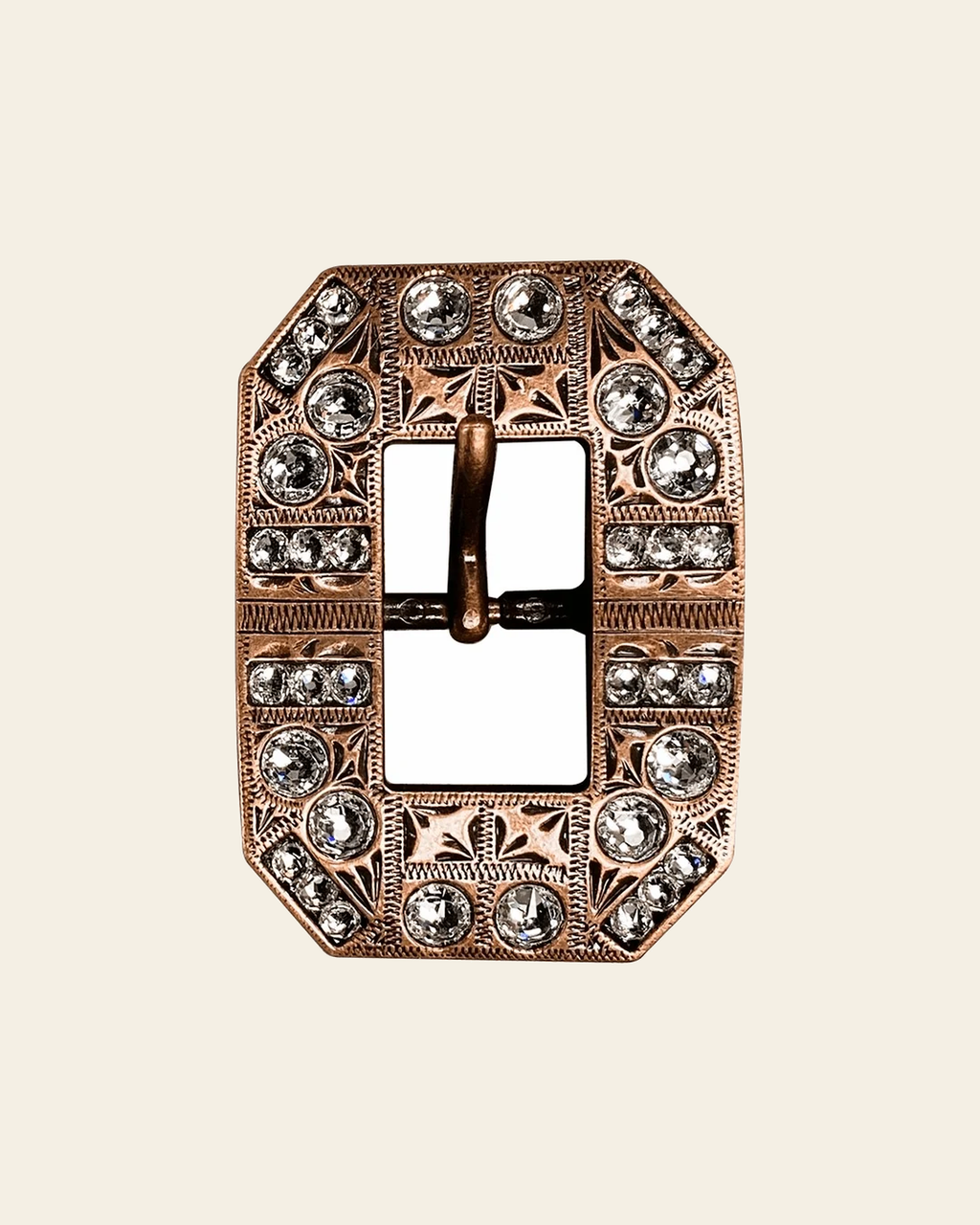 Clear Copper European Crystal Square Cart Buckle on a warm cream background