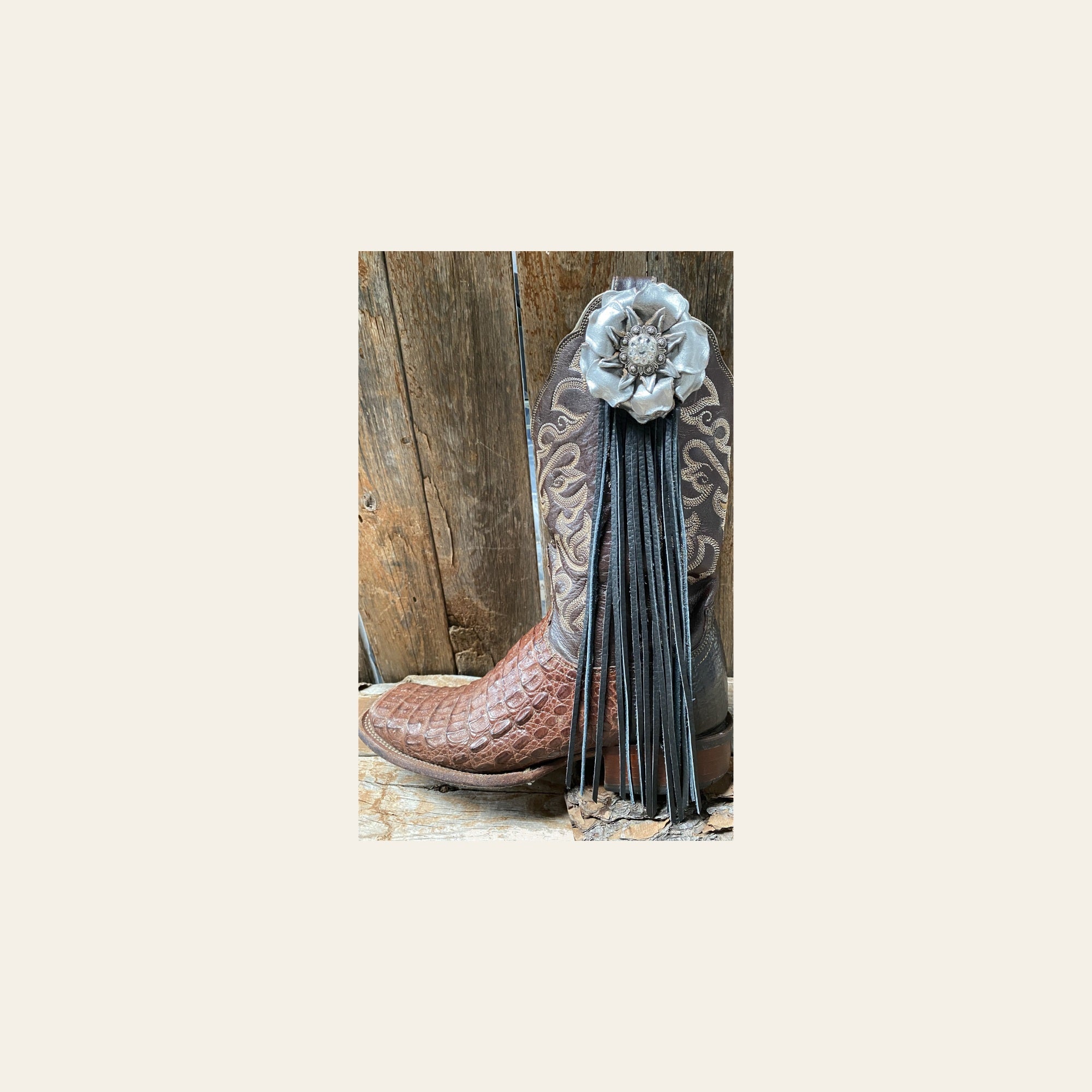 Boot Cuff Jewelry -Silver Leather Flower - Clear Concho - Fringe