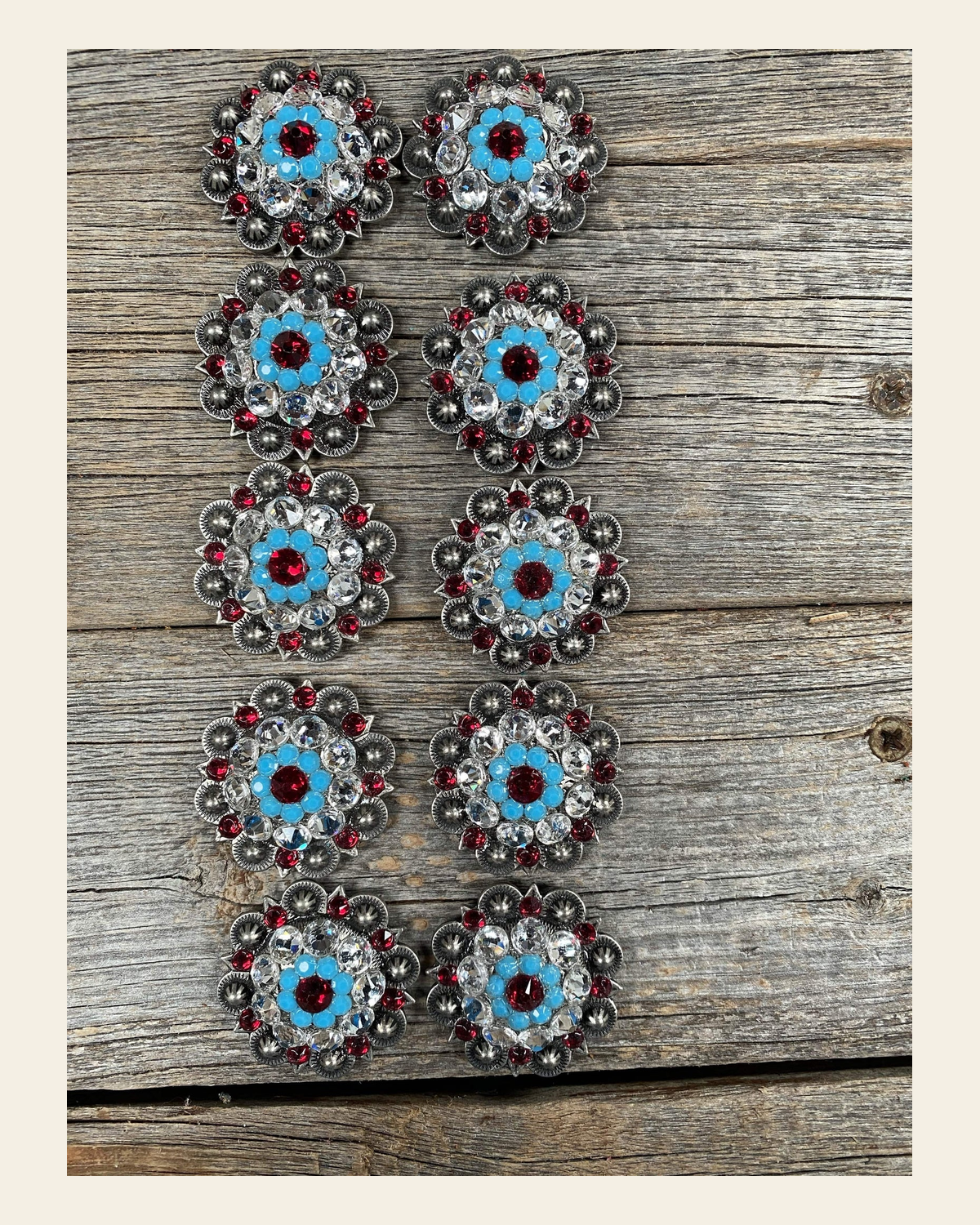 Clearance Bundle Concho Set Antique Silver Ruby, Turquoise & Clear #BUN7 on a warm cream background