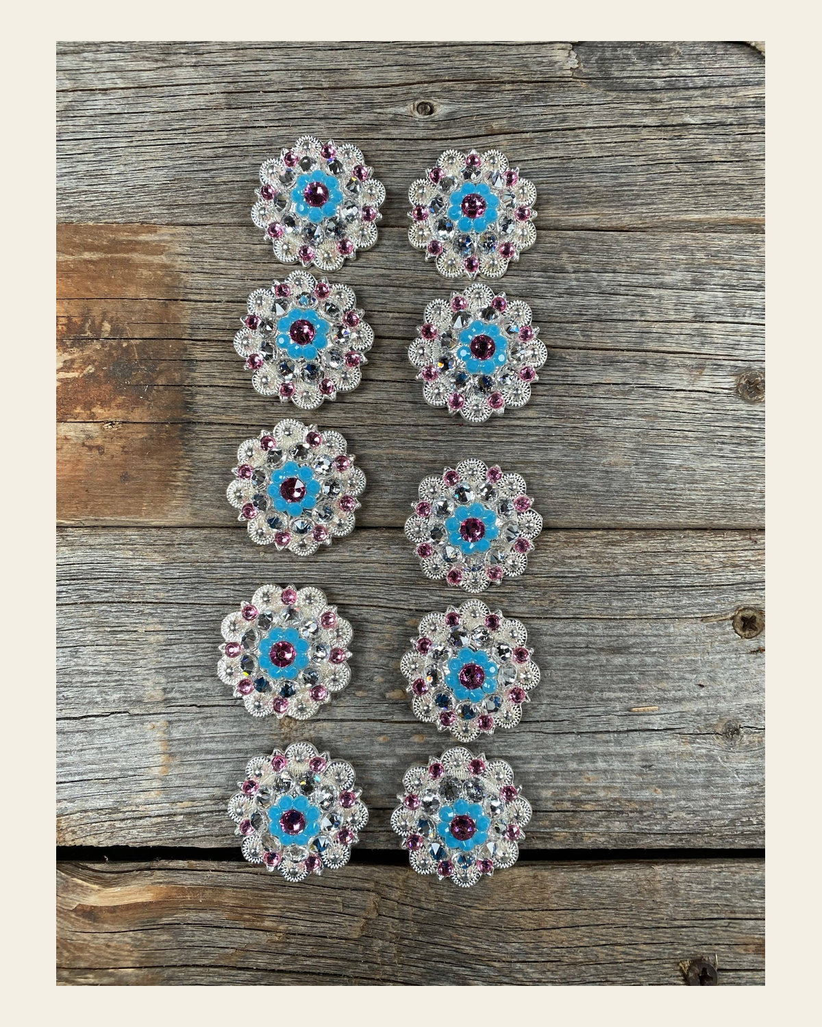 Clearance Bundle Concho Set Bright Silver Pink, Turquoise, & Clear #BUN11 on a warm cream background