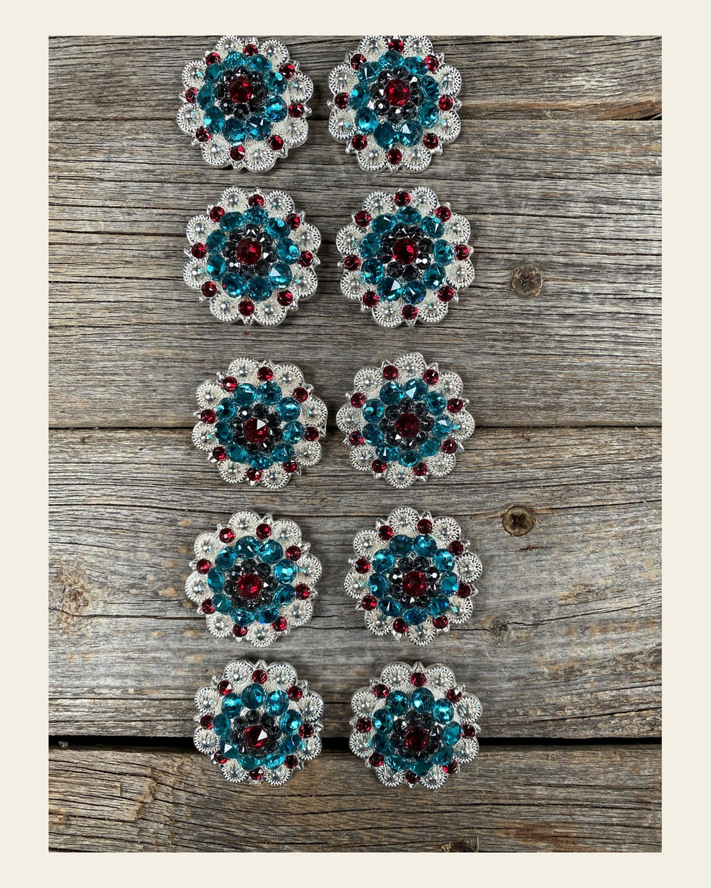 Clearance Bundle Concho Set Bright Silver Ruby, Jet, & Teal #BUN10 on a warm cream background
