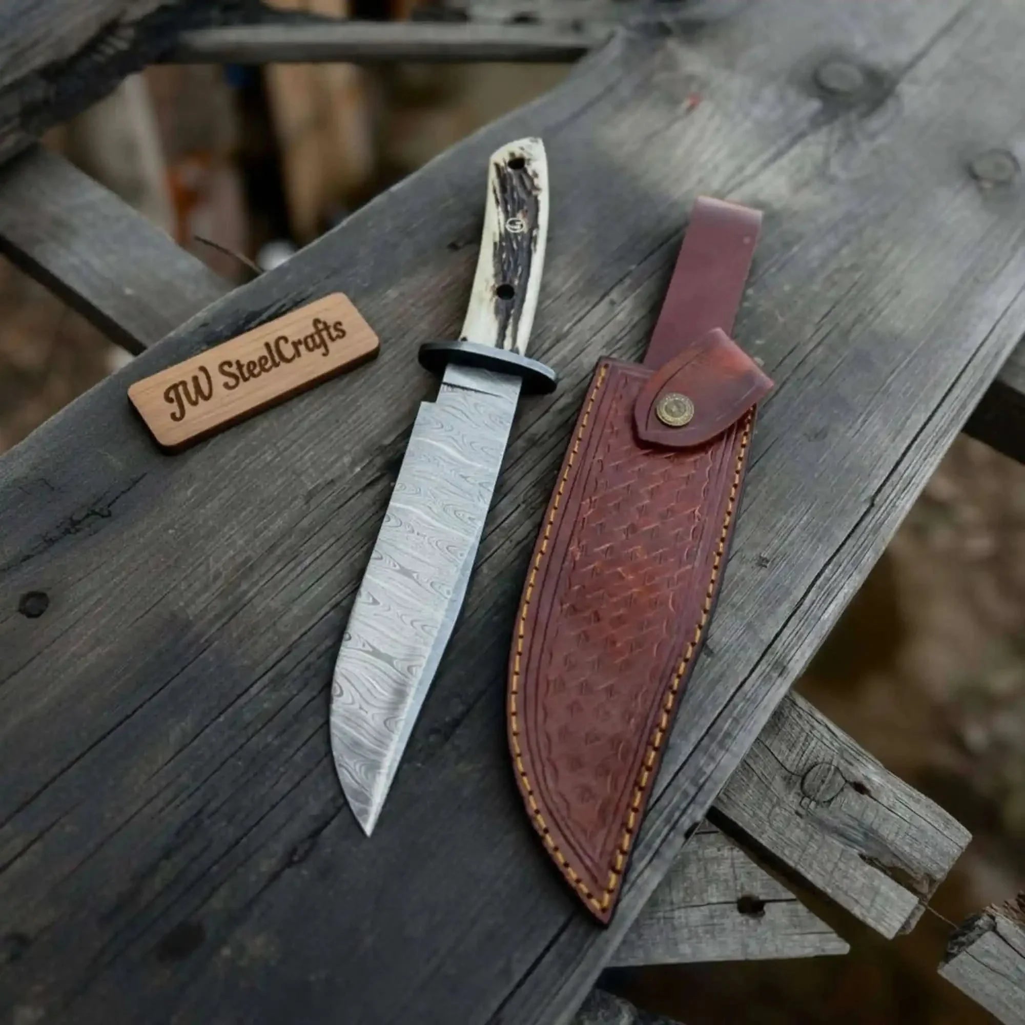Handmade Damascus Hunting Knife with Stag Antler Bowie Blade