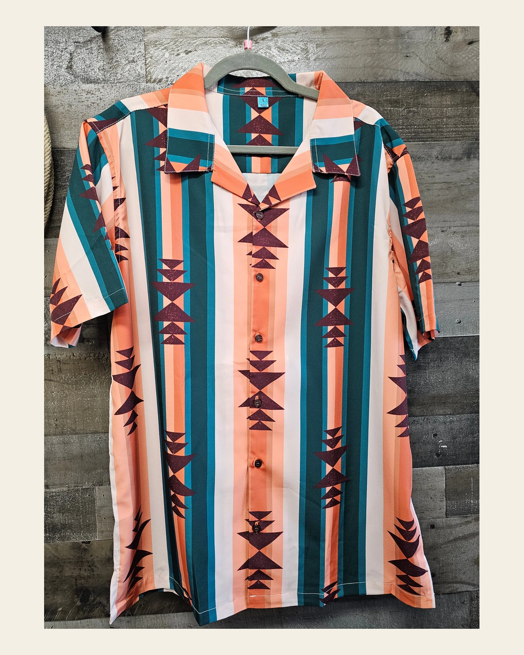 Cocoa Aztec Men's Western Camp Shirt on a warm cream background