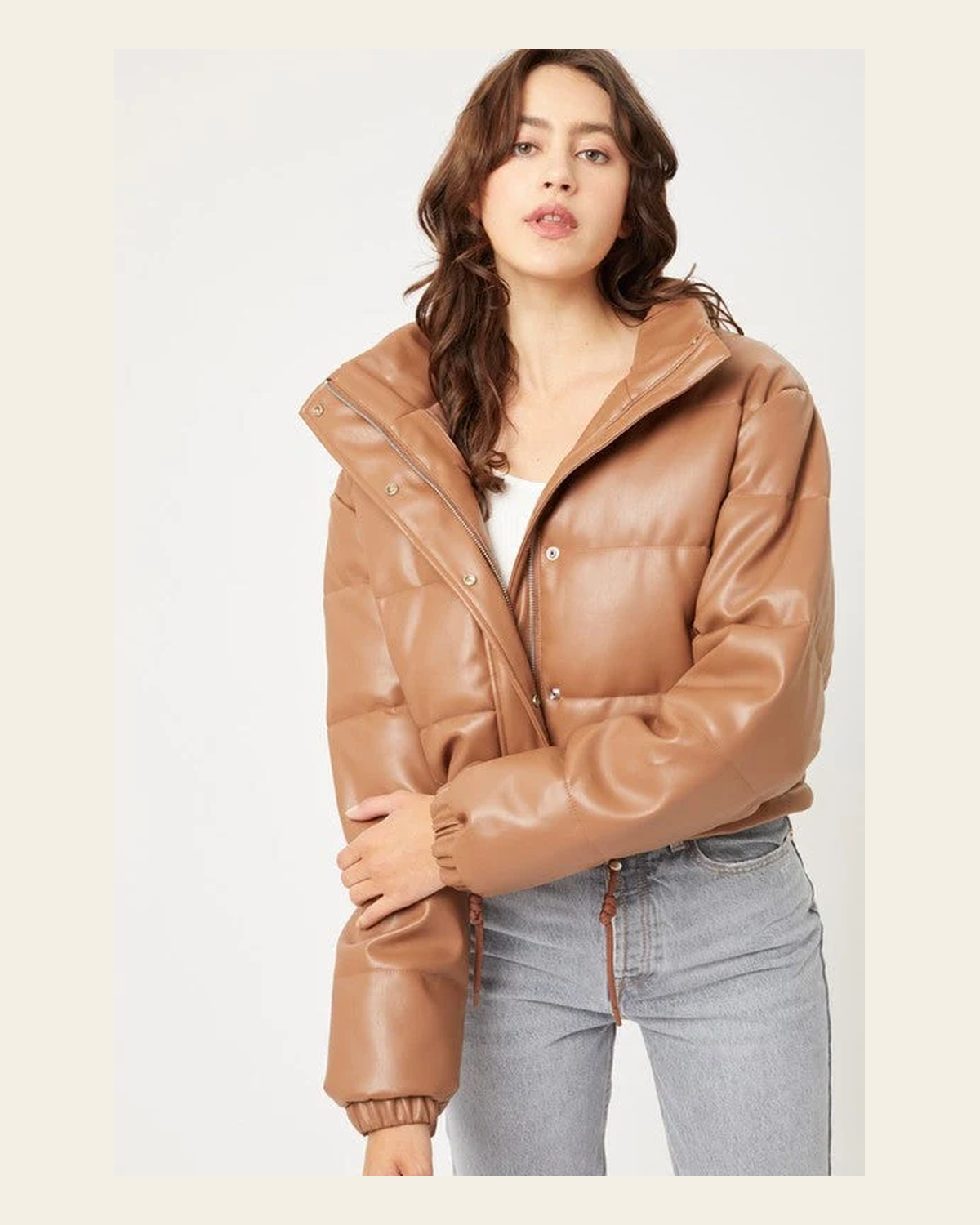 Cocoa Puffer Jacket on a warm cream background