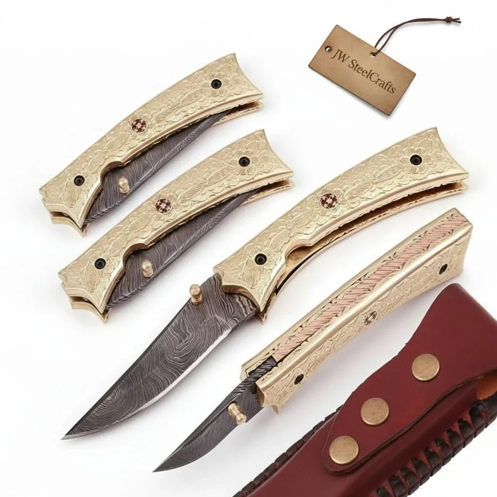 Handmade Damascus Folding Knife with Engraved Brass Handle & Precision Lock | JW SteelCrafts
