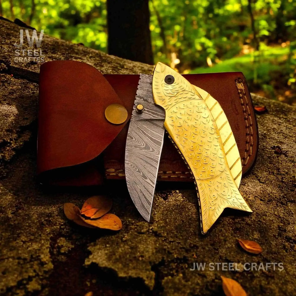 Gold Fish Folding Knife with Engraved Brass Fish Handle