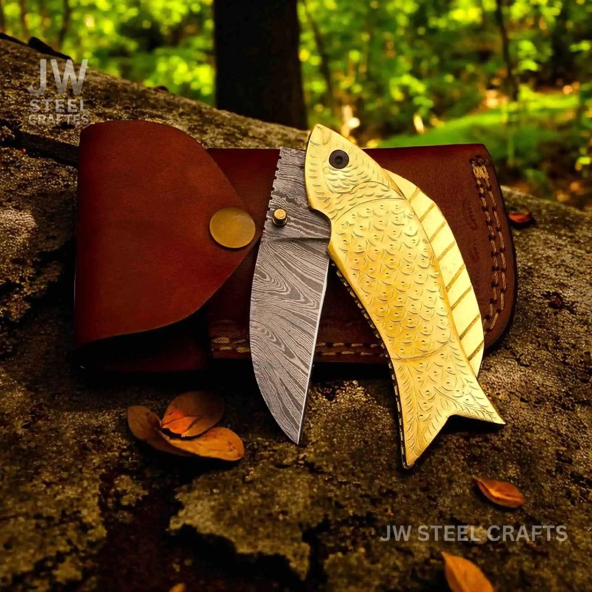 Gold Fish Folding Knife with Engraved Brass Fish Handle