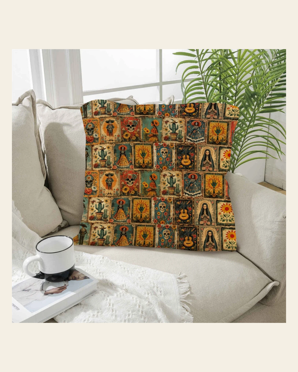 Colores de Mexico Dia de los Muertes Pillow Case Made in America on a warm cream background