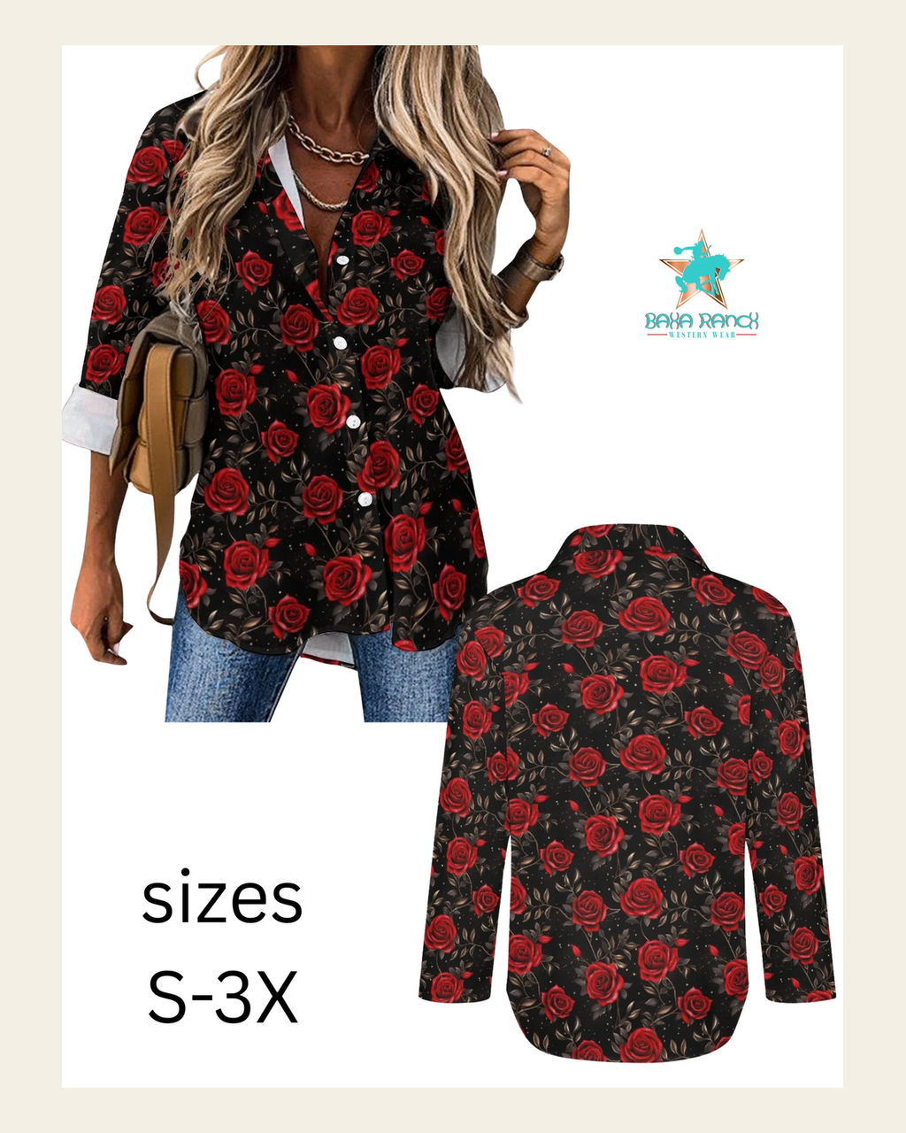Colores De Mexico Romantic Red Roses Button Up Blouse on a warm cream background