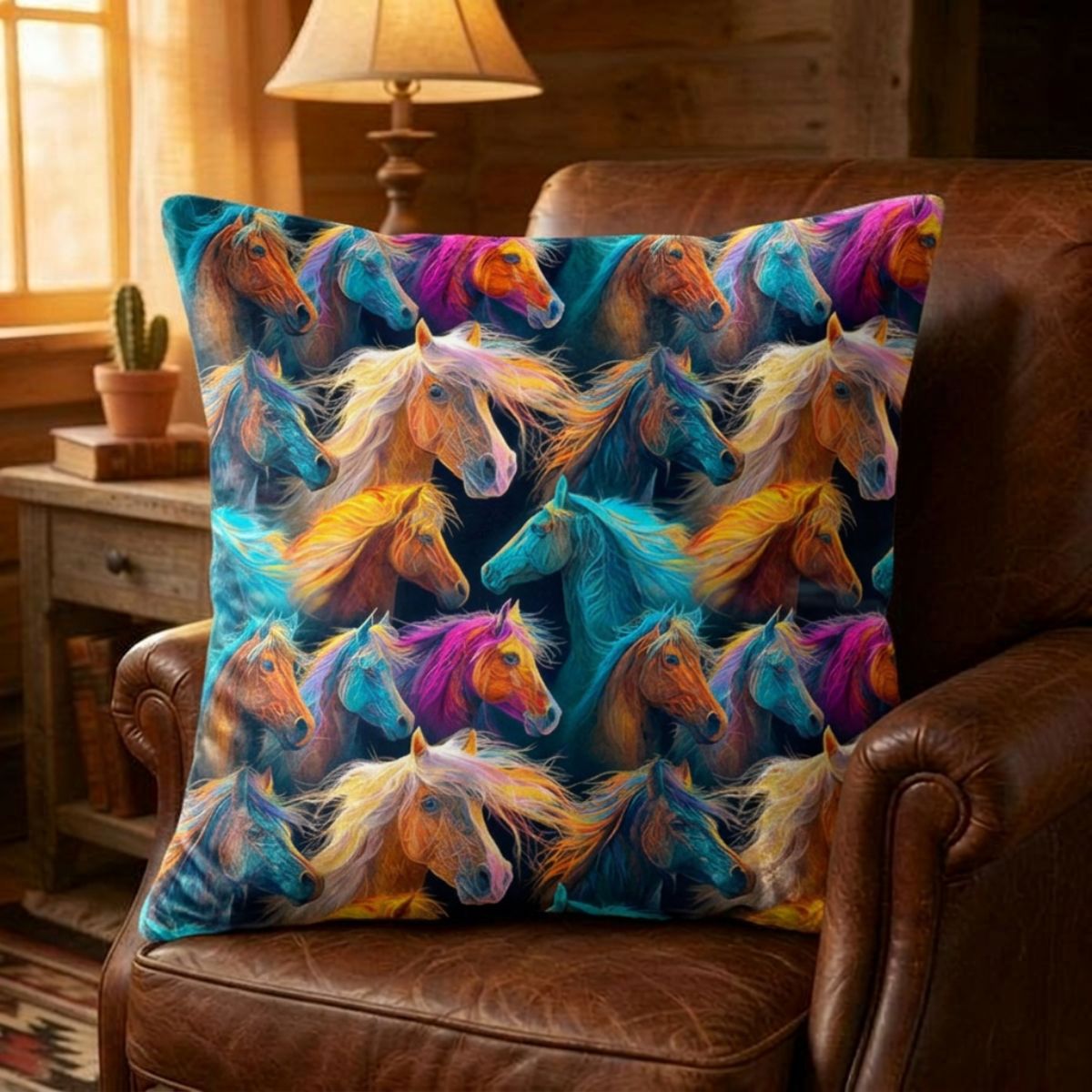 Baha Ranch Velvety Soft Colorful Horses Pillow Cover Made in America by Baha Ranch Western Wear