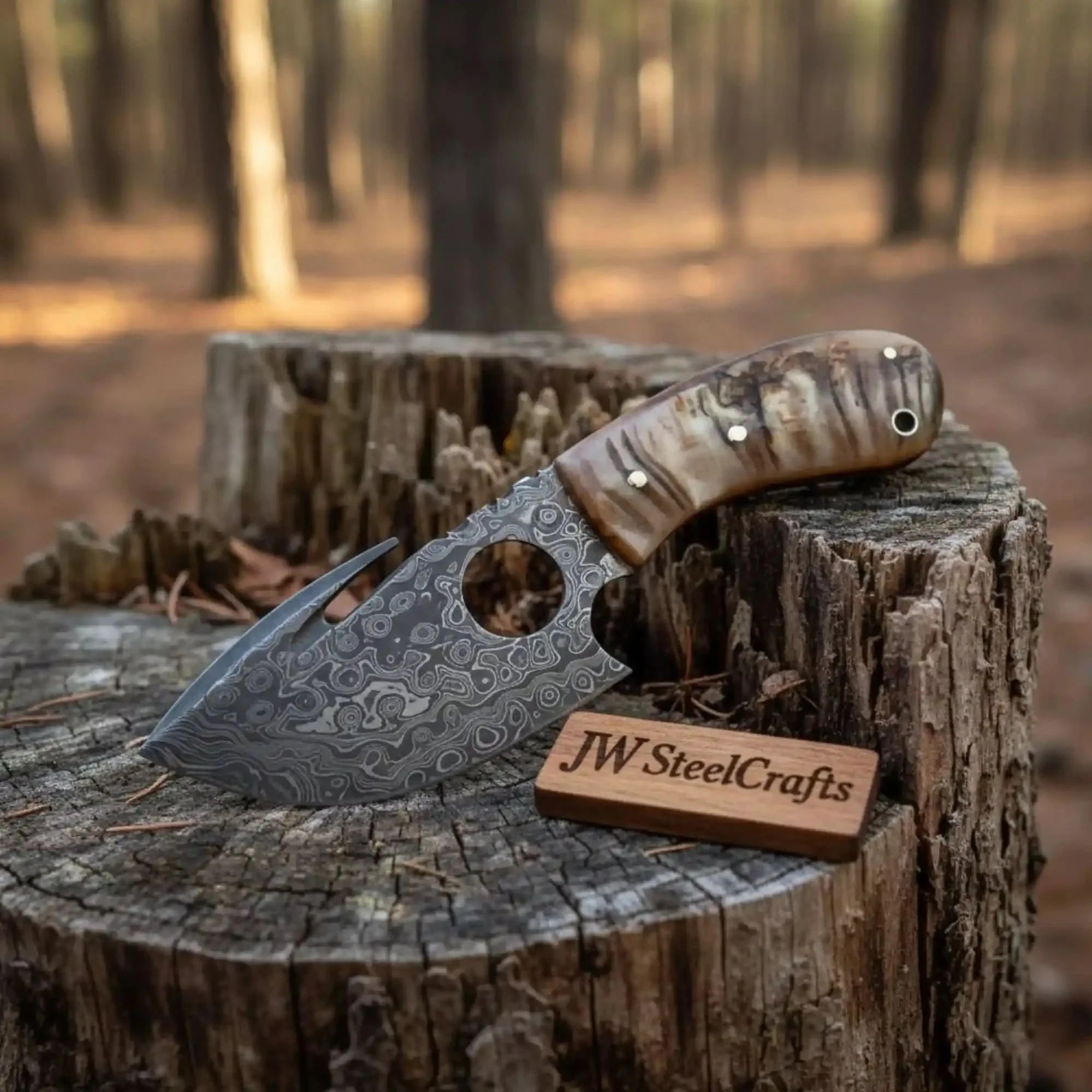 Damascus Gut hook Skinner Knife Raindrop pattern | two handle options