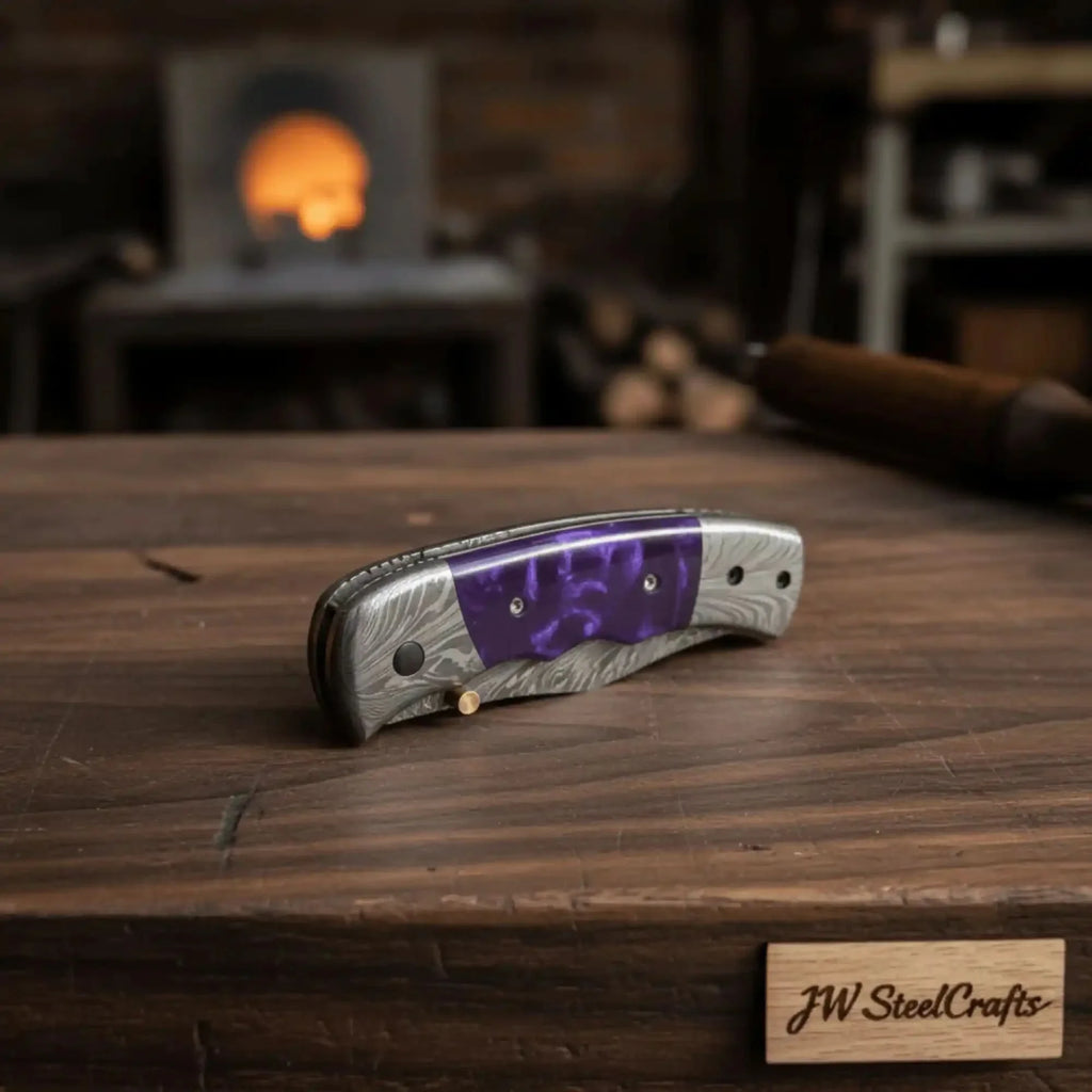 Purple Feather Damascus Folder with Purple Resin Handle
