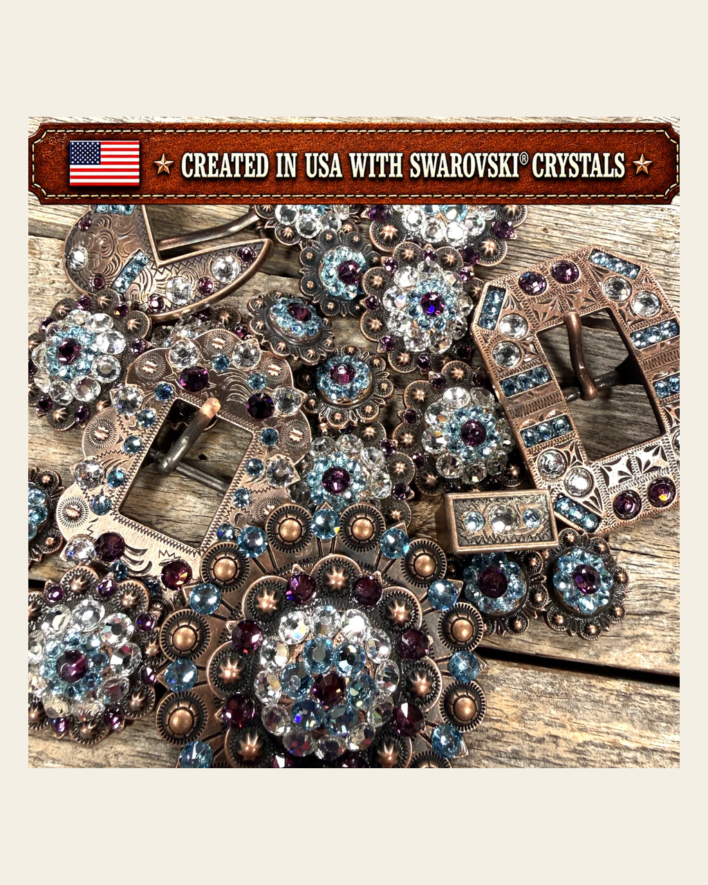 Copper Amethyst - Aqua - Clear Crystal Conchos | Sizes 1"- 3" | Buckles | Saddle Set | Leather Rosettes | Slide on a warm cream background