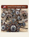 Copper Amethyst - Aqua - Clear Crystal Conchos | Sizes 1"- 3" | Buckles | Saddle Set | Leather Rosettes | Slide on a warm cream background